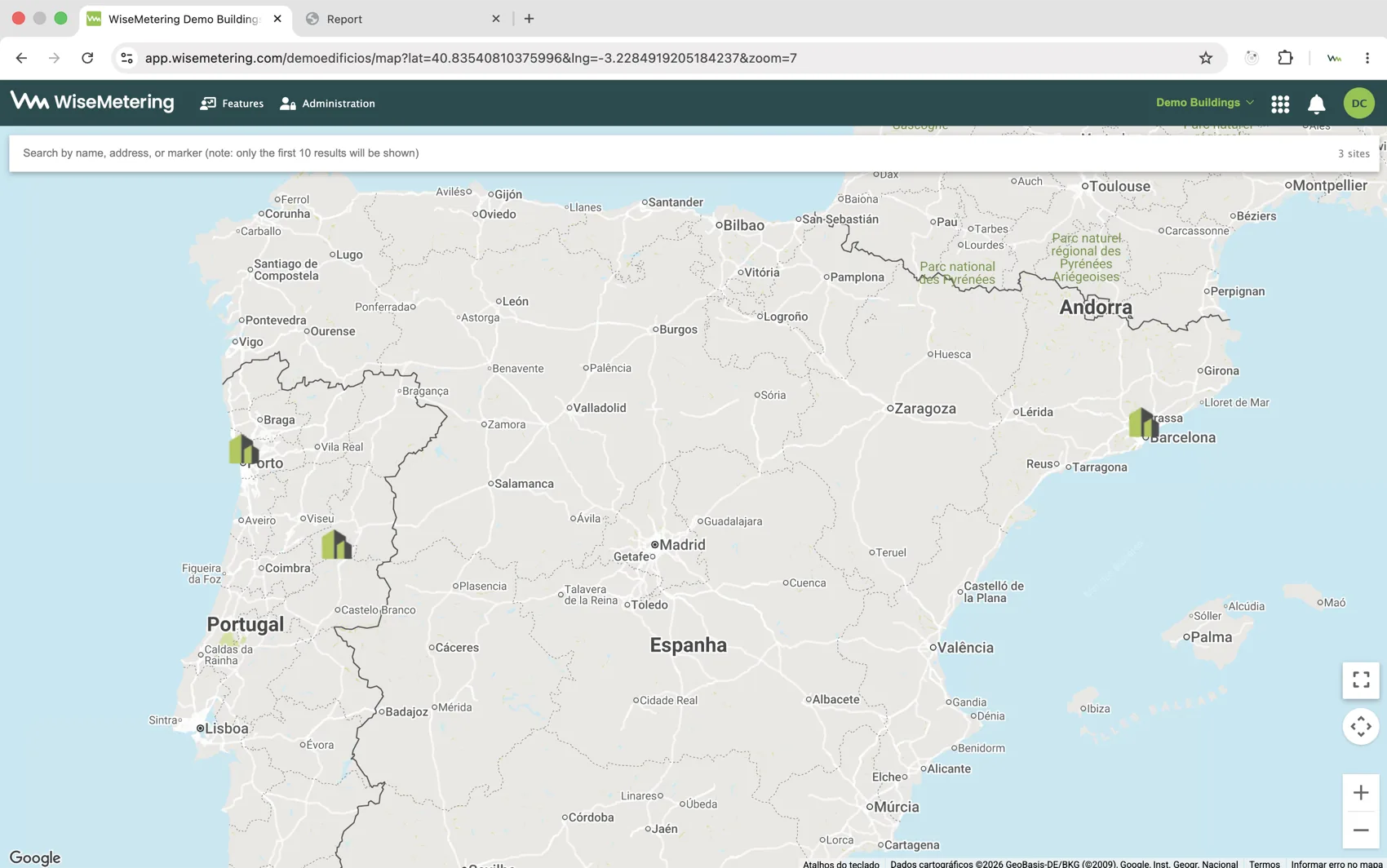Map of monitored sites across Portugal and Spain