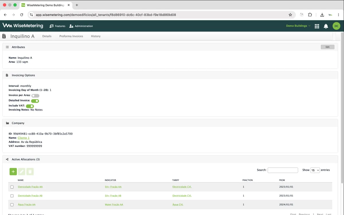 A tenant's record, with its invoicing options and the meter allocations used to split costs